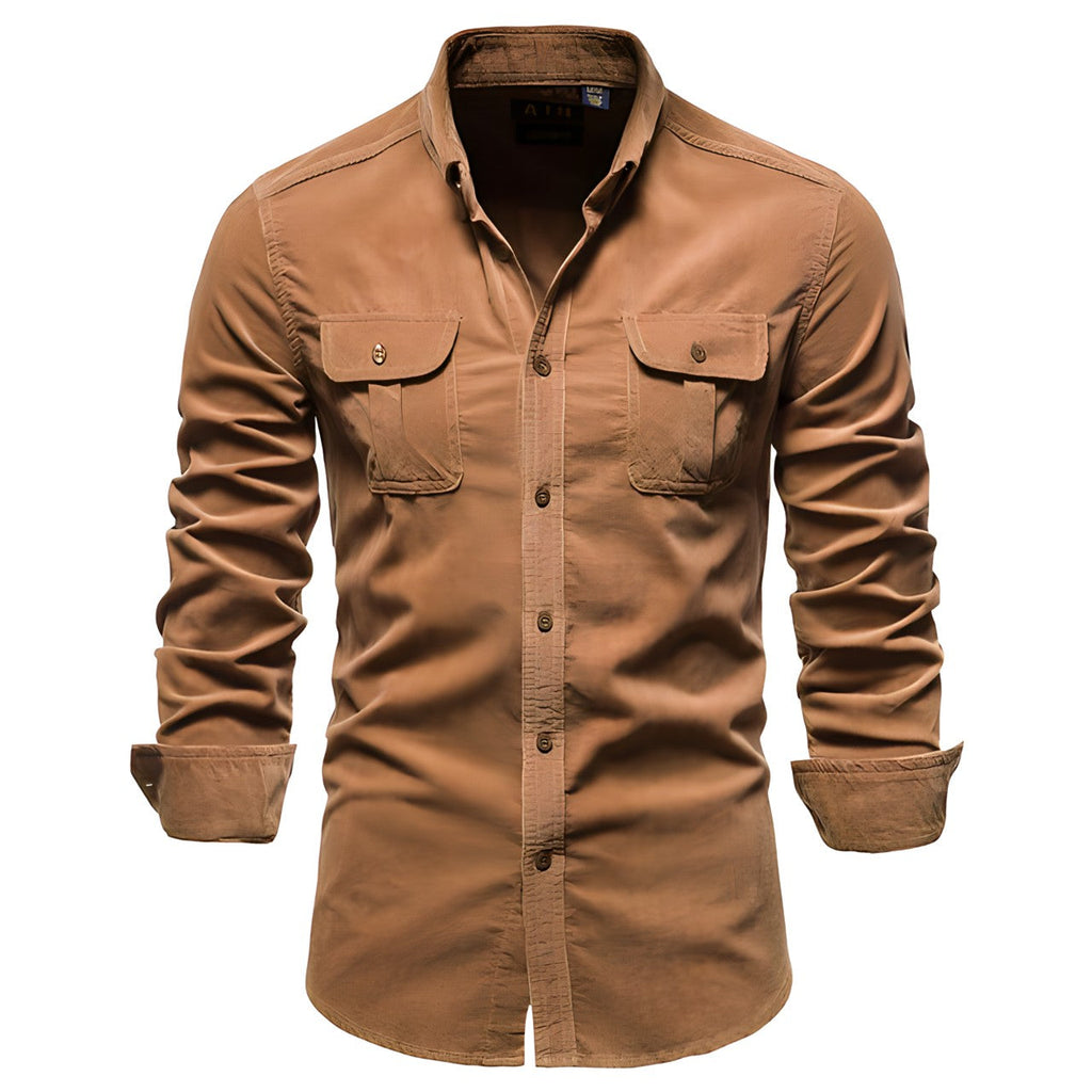 Mens Long Sleeve Shirt Chest Pocket Cotton Five Color