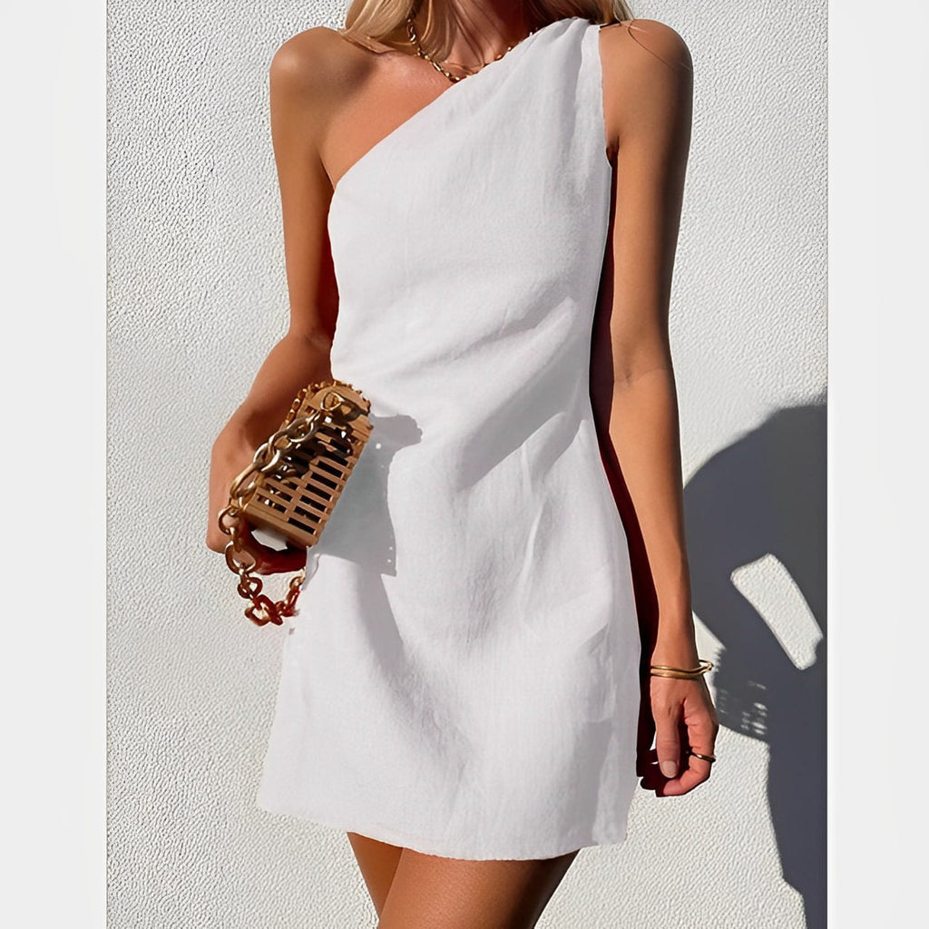 Womens One Shoulder Mini Summer Dress Asymmetric Four Color