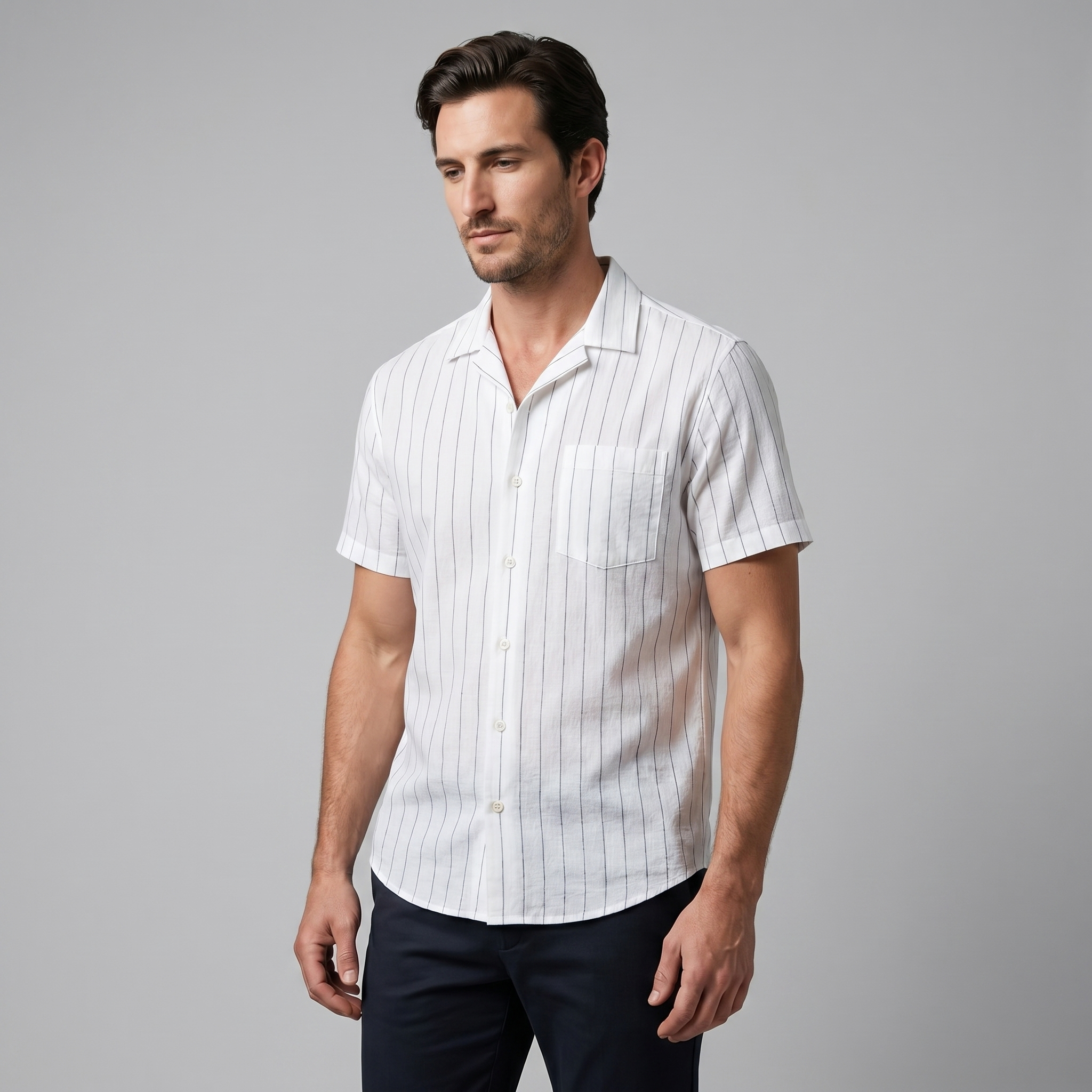 Mens Pinstripe Camp Shirt Short Sleeve Three Color