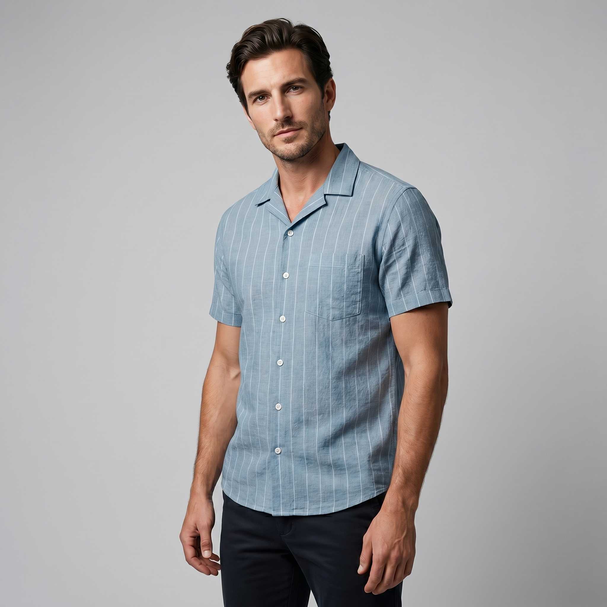 Mens Pinstripe Camp Shirt Short Sleeve Three Color