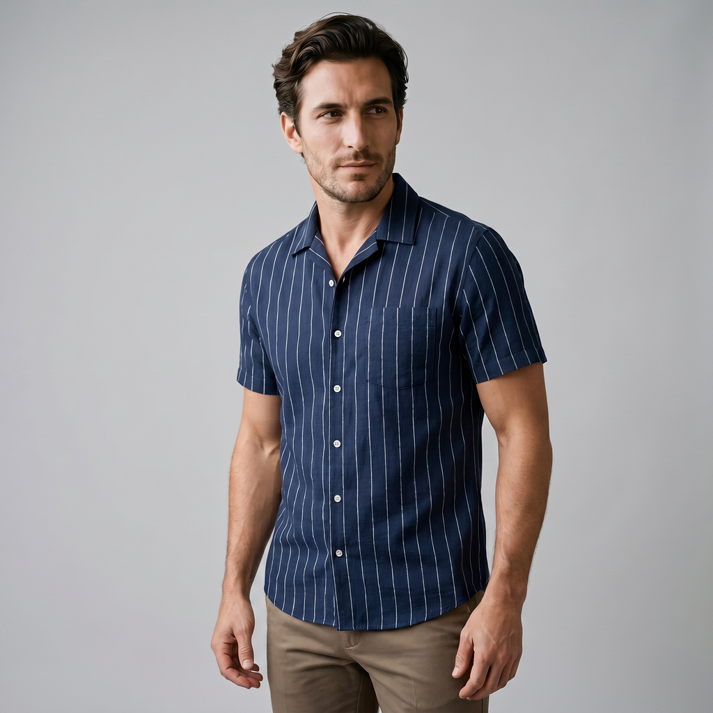Mens Pinstripe Camp Shirt Short Sleeve Three Color