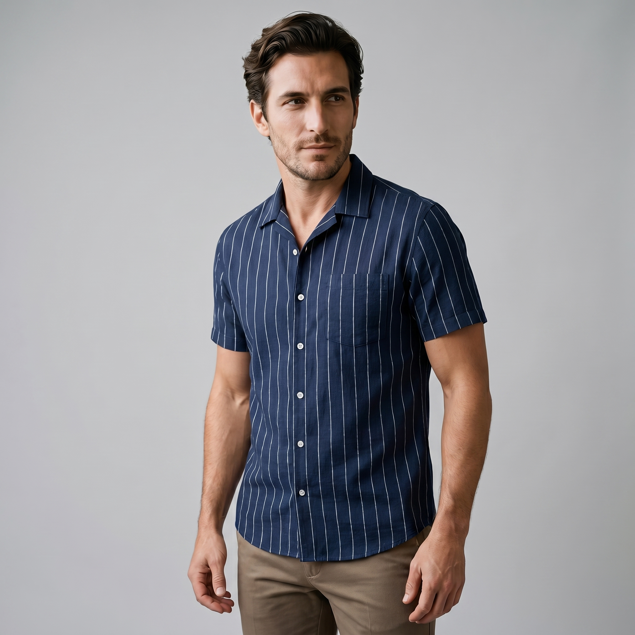 Mens Pinstripe Camp Shirt Short Sleeve Three Color
