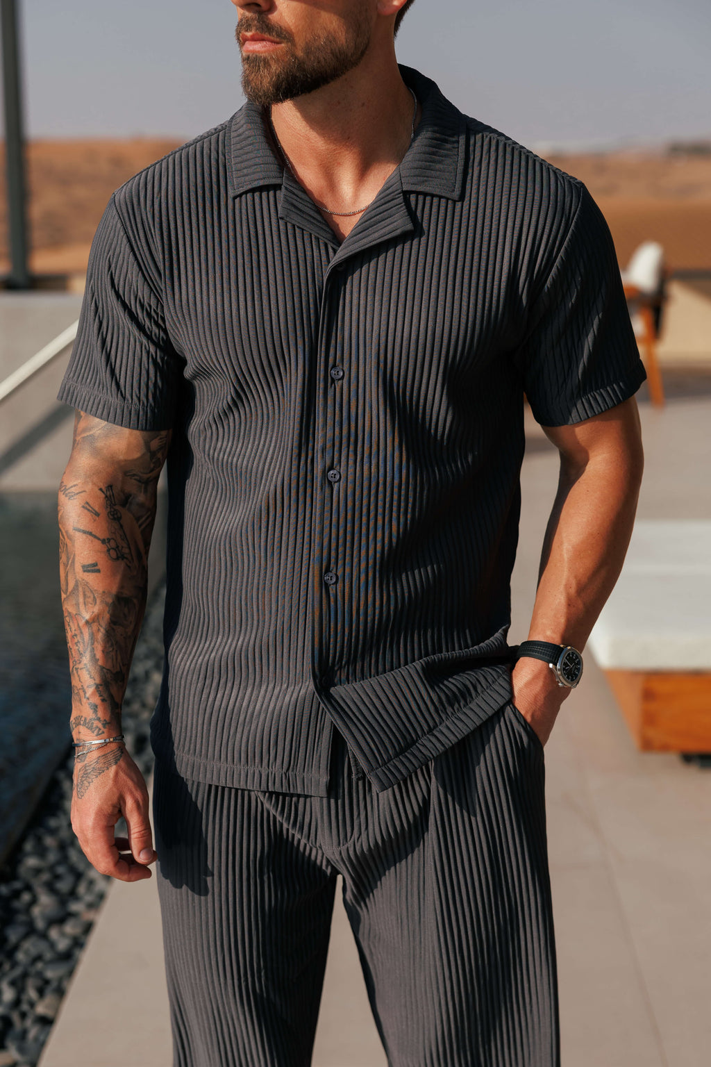 Mens Pleated Shirt Short Sleeve Relaxed Fit Grey