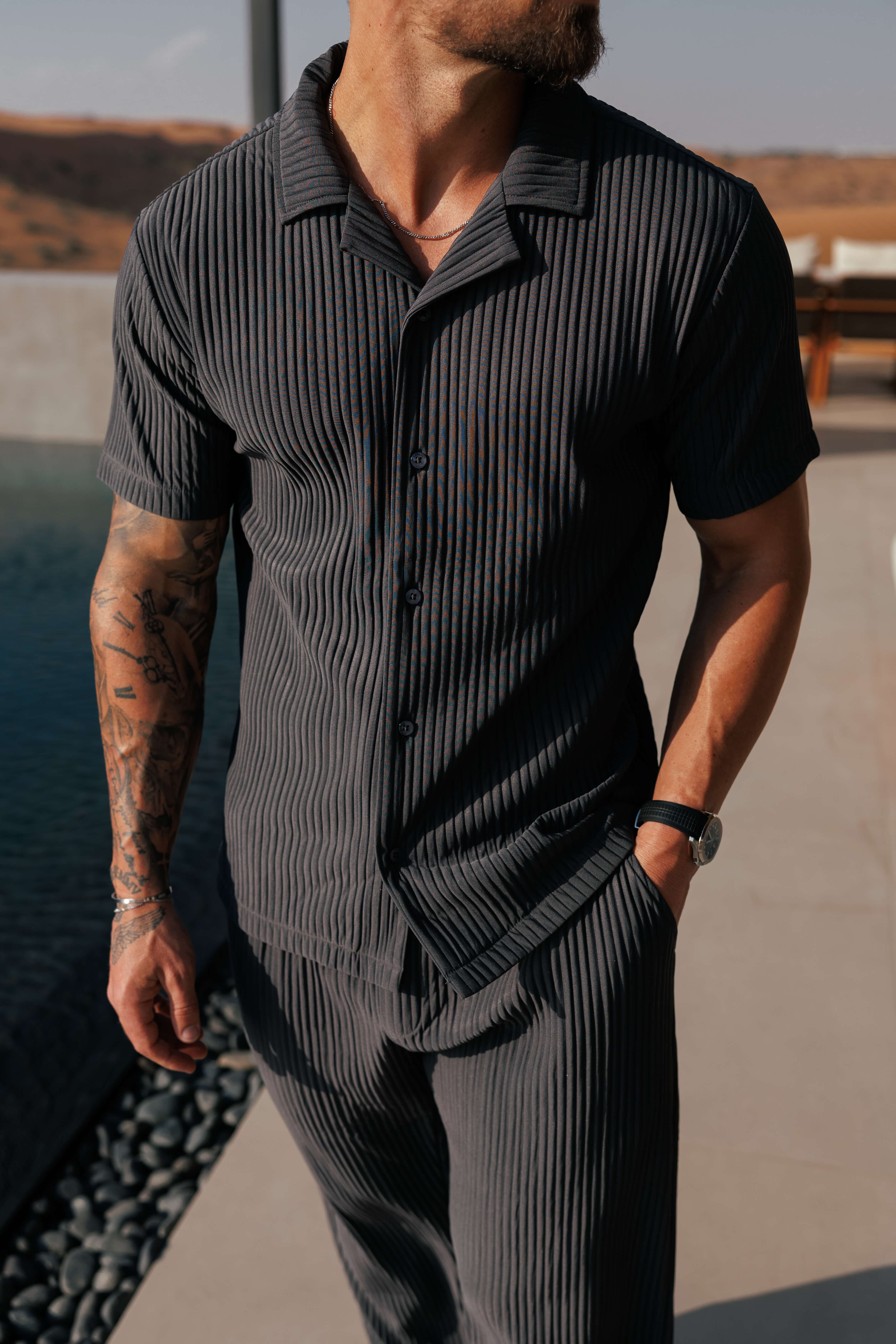 Mens Pleated Shirt Short Sleeve Relaxed Fit Grey