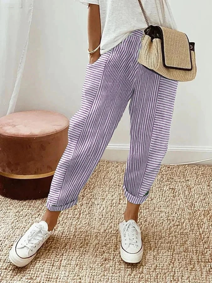 Striped Pants Straight Leg Elastic Waist Pockets