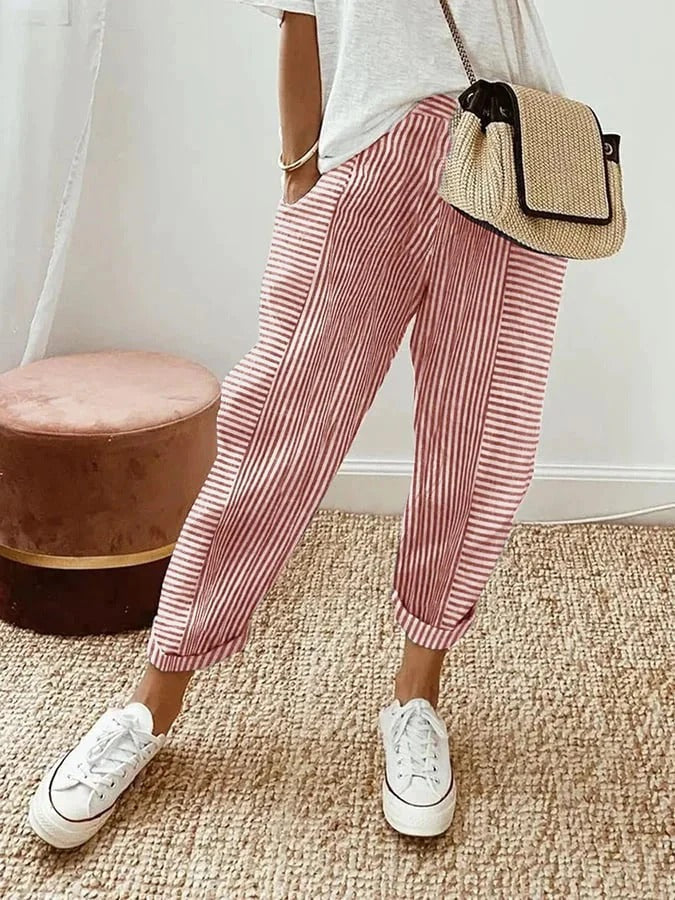 Striped Pants Straight Leg Elastic Waist Pockets
