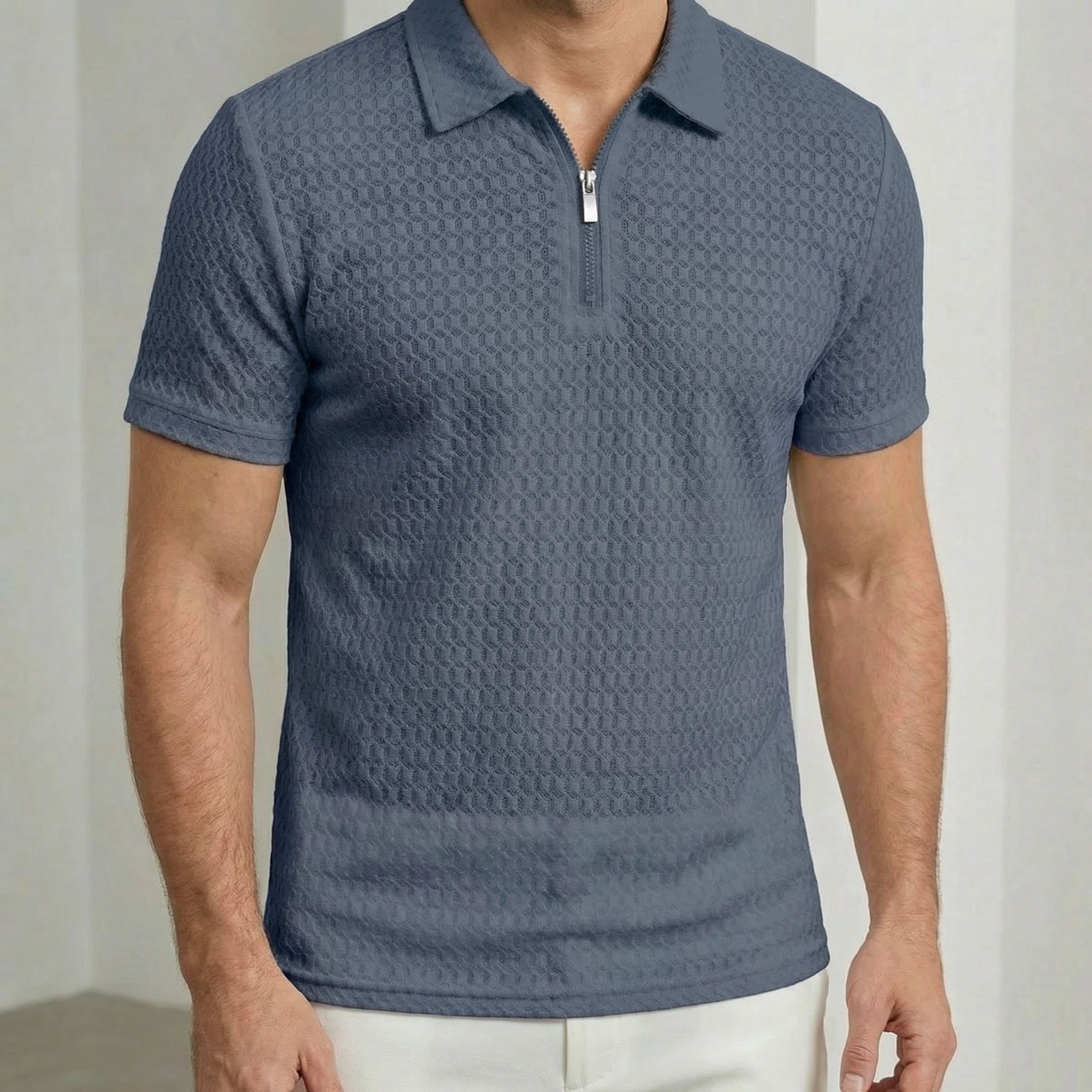 Mens Polo Zip Closure Short Sleeve Textured Five Color