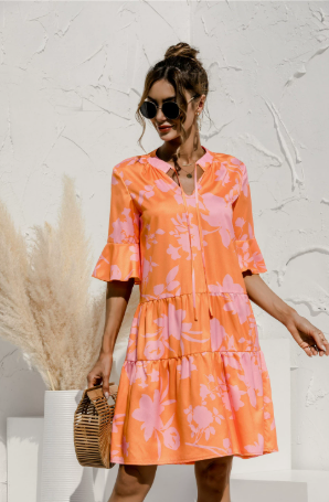 Womens Mini Party Dress Long Sleeve Tied Waist Orange