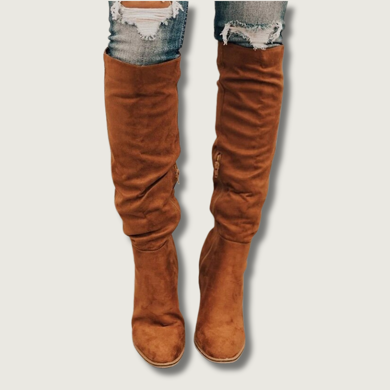 Suede Knee High Boots Slouchy Cognac Brown Block Heel