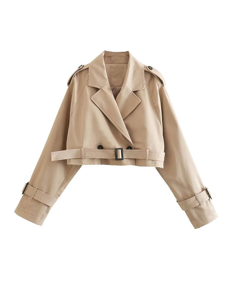 Women's Cropped Trench Coat Beige Double Breasted Buttoned
