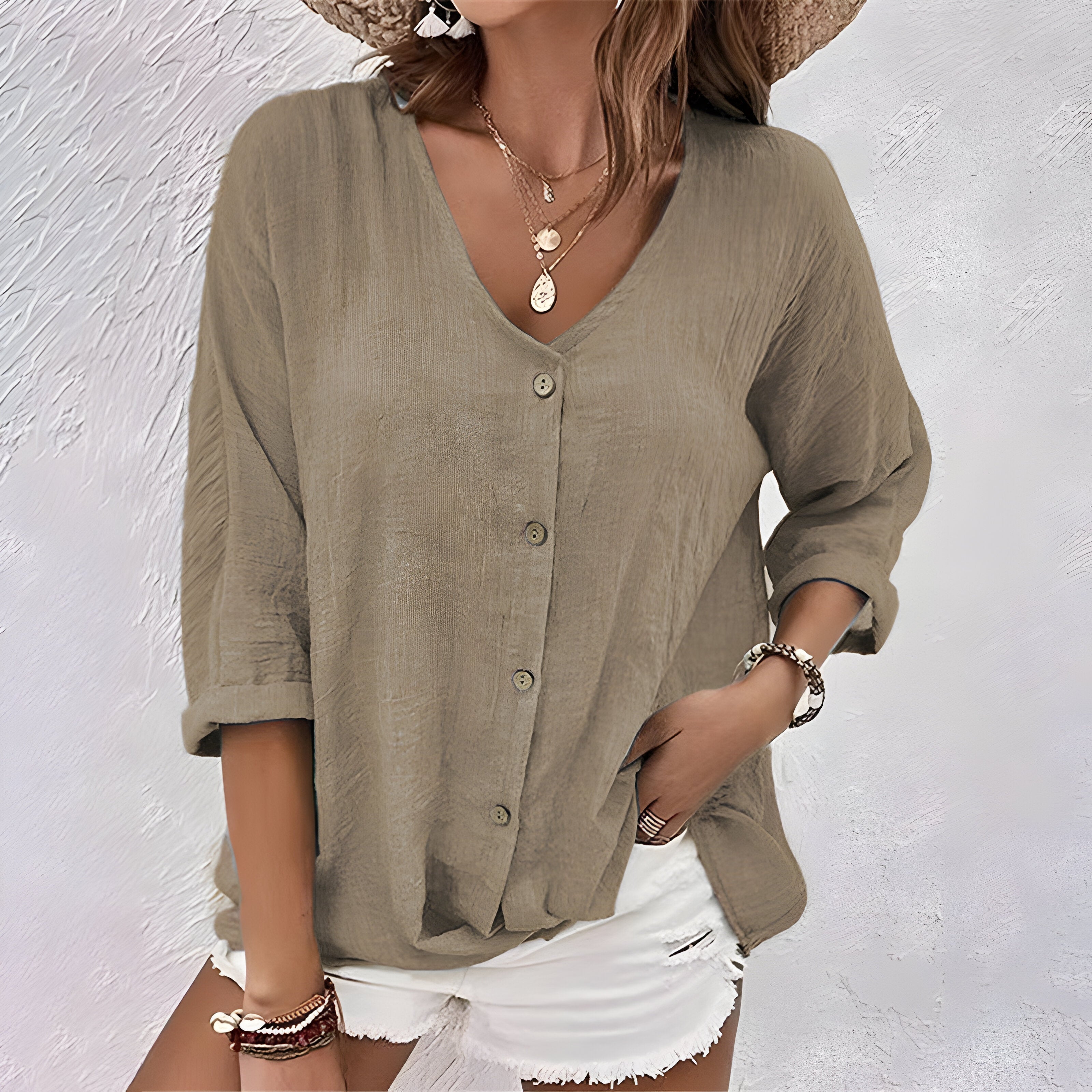 Button-Up Blouse V-Neck Roll Sleeve