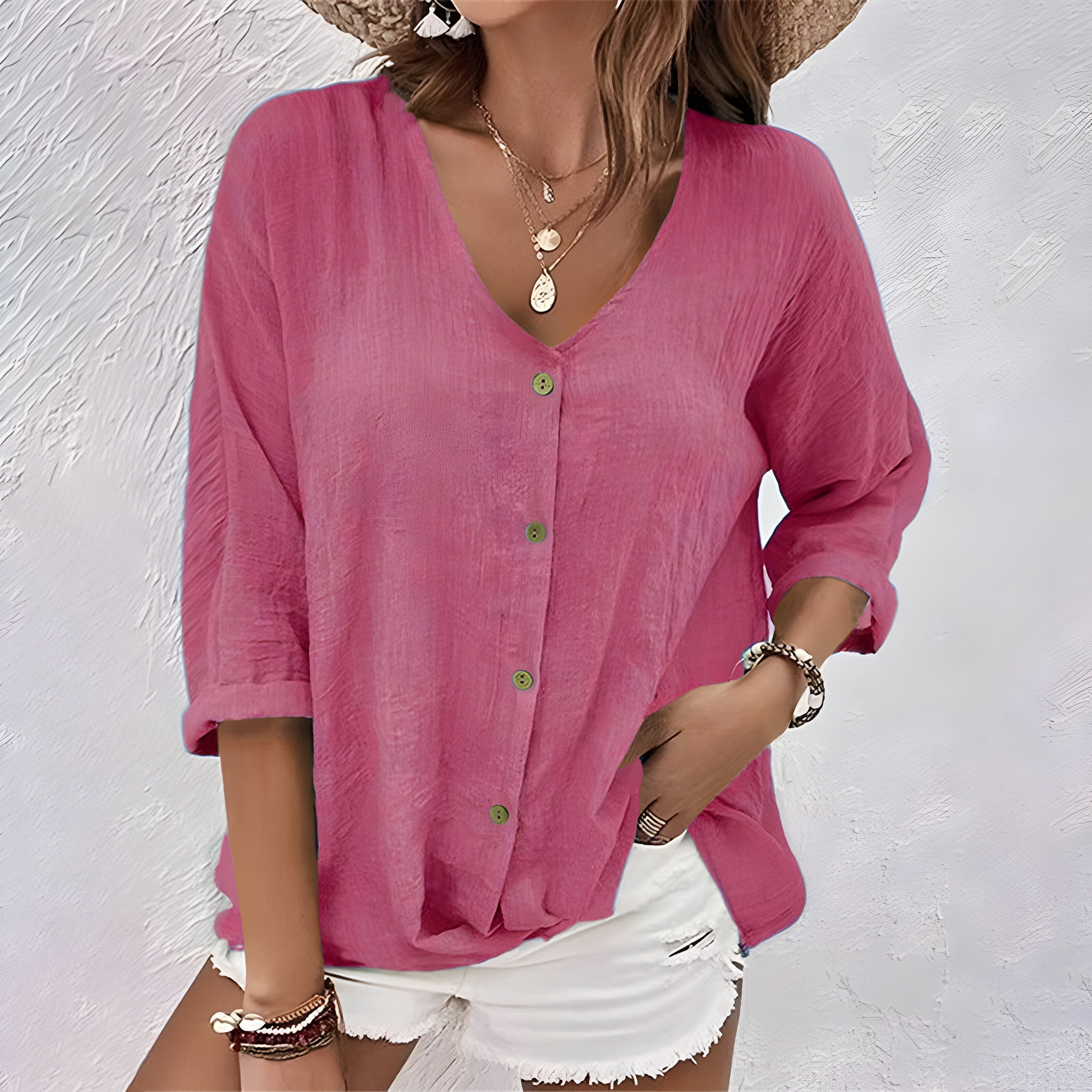 Button-Up Blouse V-Neck Roll Sleeve