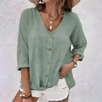 Button-Up Blouse V-Neck Roll Sleeve