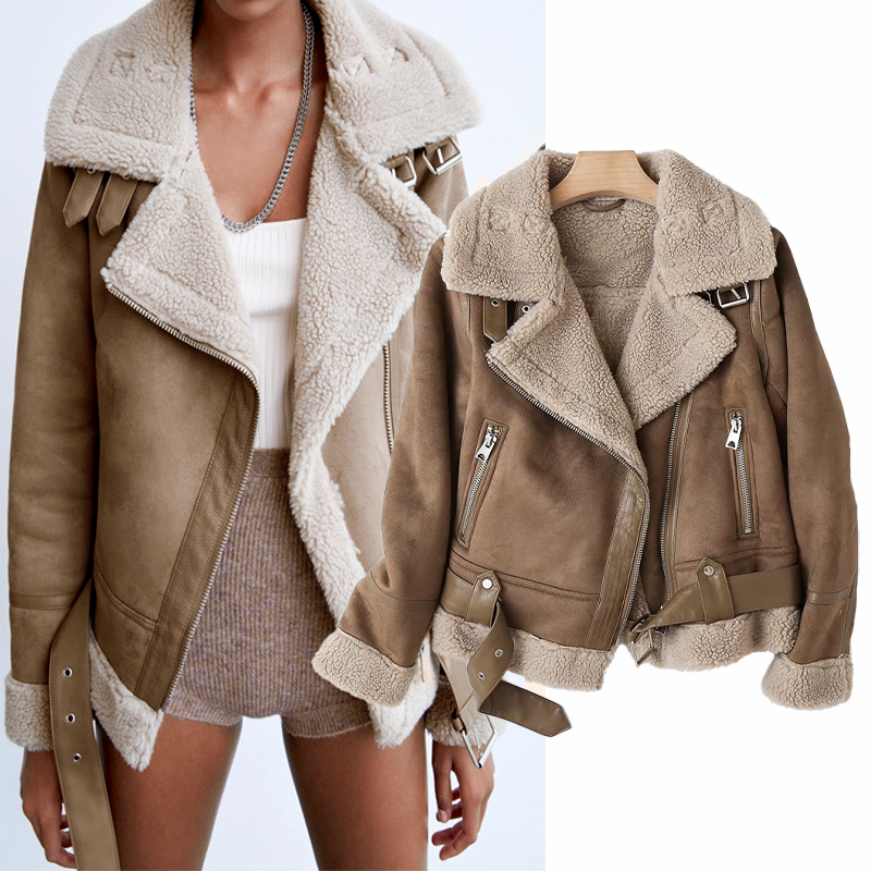 Women's Sherpa Fleece Bomber Jacket Lined Ribbed Trim Warm
