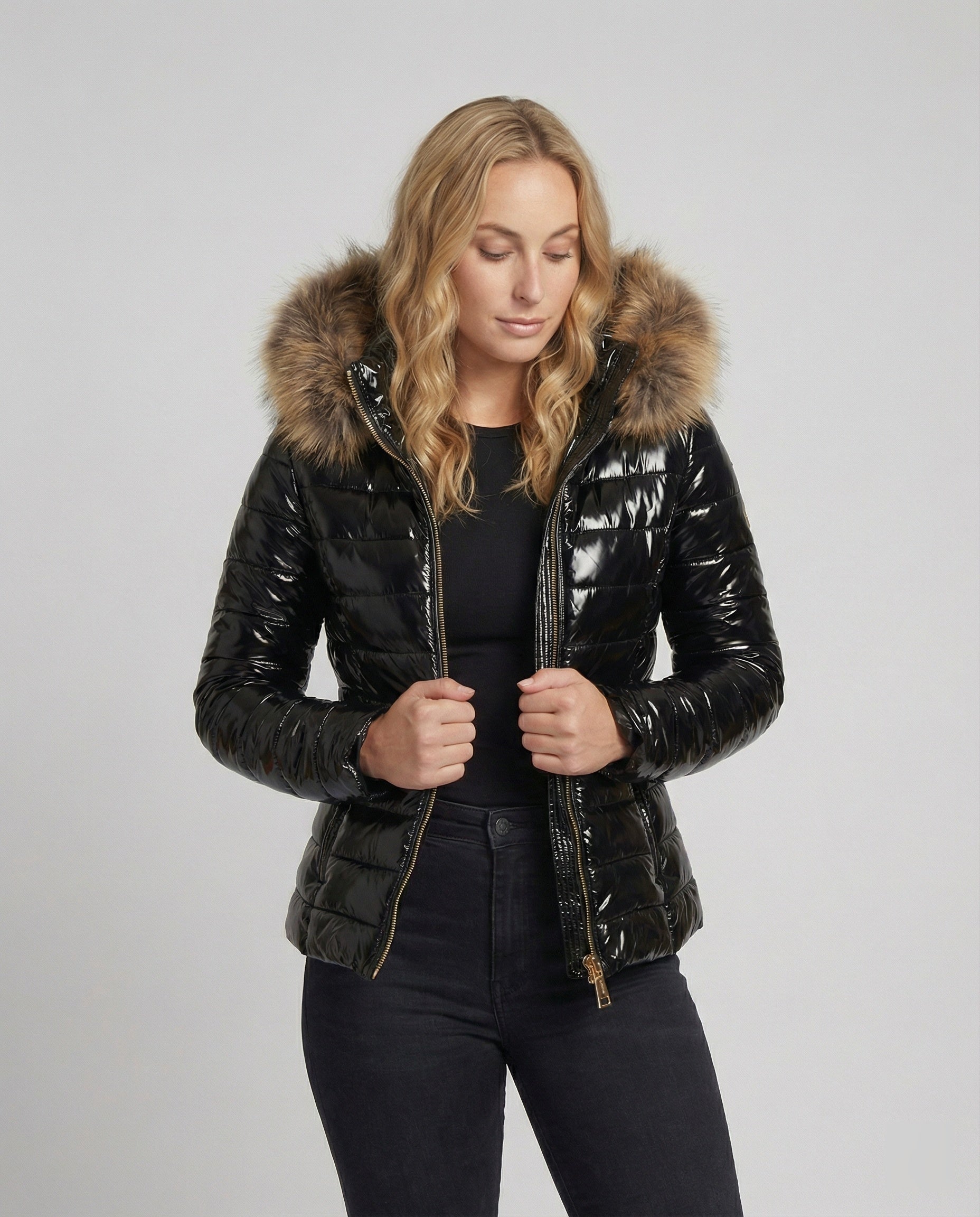 Women's Puffer Coat Fur Hood Padded Winter Warm Zip Up