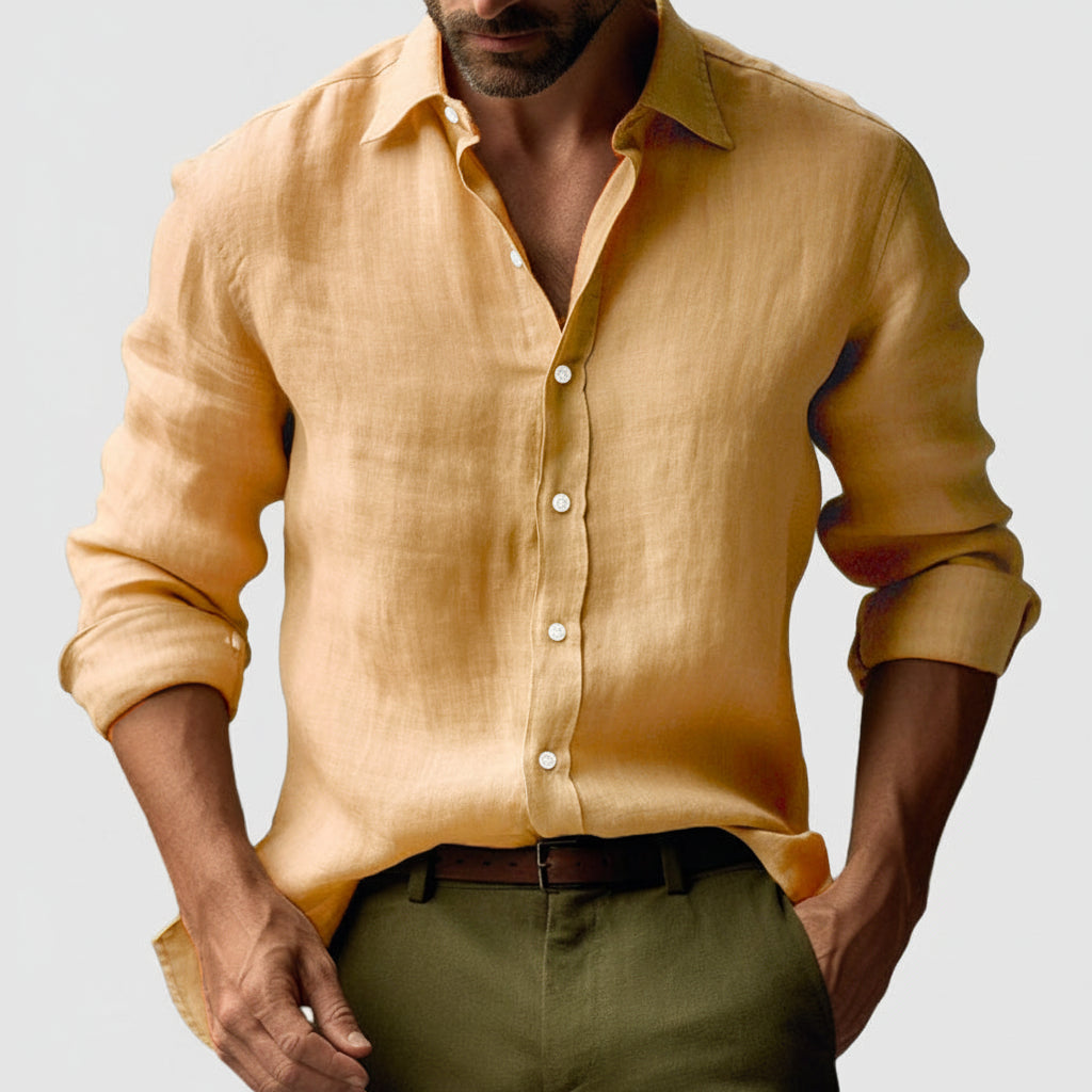 Mens Linen Shirt Button Long Sleeve Five Color Eight Size