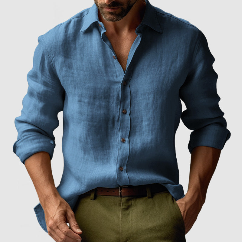 Mens Linen Shirt Button Long Sleeve Five Color Eight Size