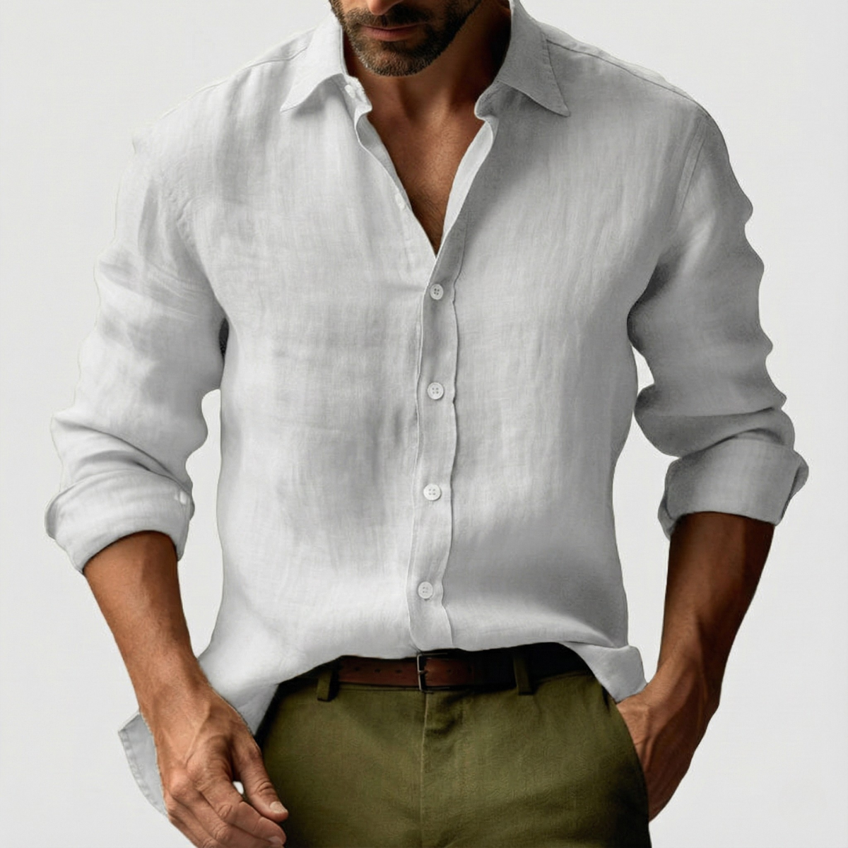 Mens Linen Shirt Button Long Sleeve Five Color Eight Size
