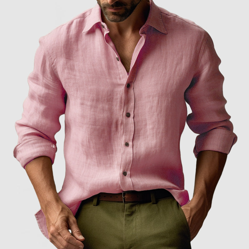 Mens Linen Shirt Button Long Sleeve Five Color Eight Size
