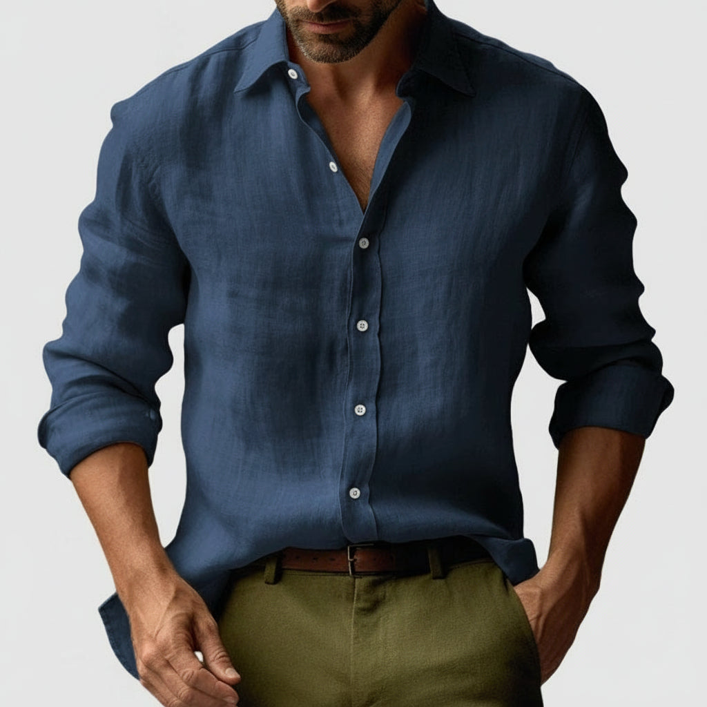Mens Linen Shirt Button Long Sleeve Five Color Eight Size