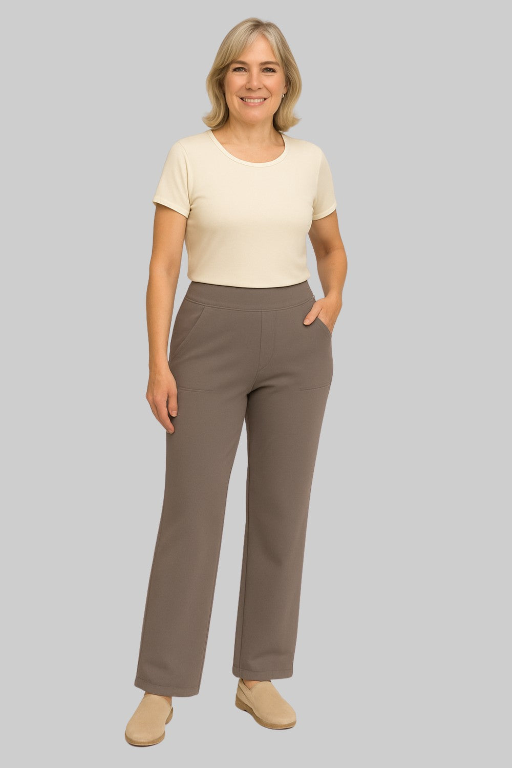 Soft Jersey Trousers Straight Leg Elastic Waist Pockets