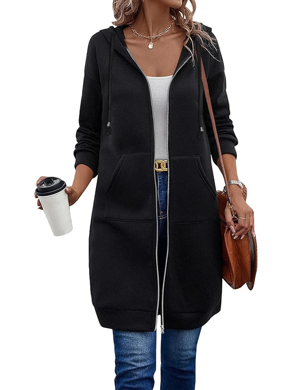 Women's Fleece Hoodie Long Zip Up Pockets Knee Length Relaxed