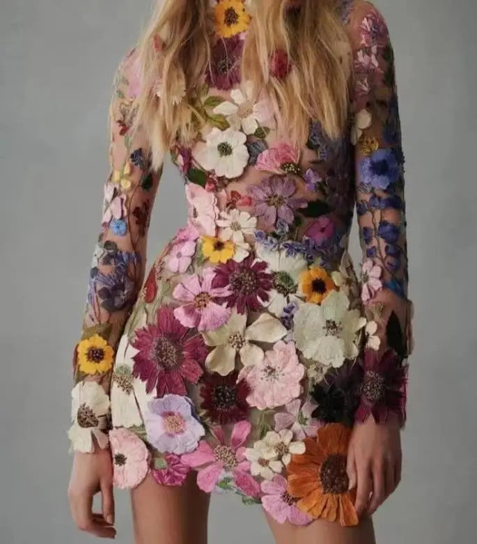 3D Floral Embroidery Dress Sleeveless High Neck Lined