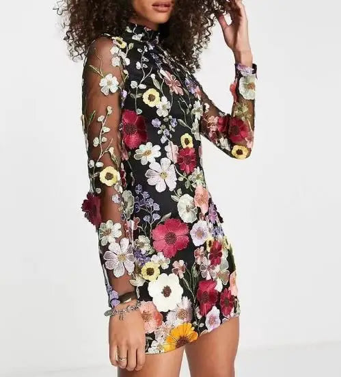 3D Floral Embroidery Dress Sleeveless High Neck Lined
