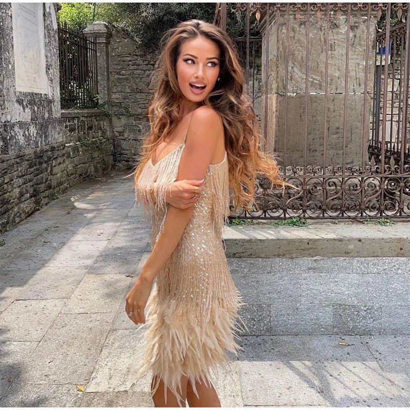 Sequin Cocktail Dress Feather Trim Spaghetti Strap Party