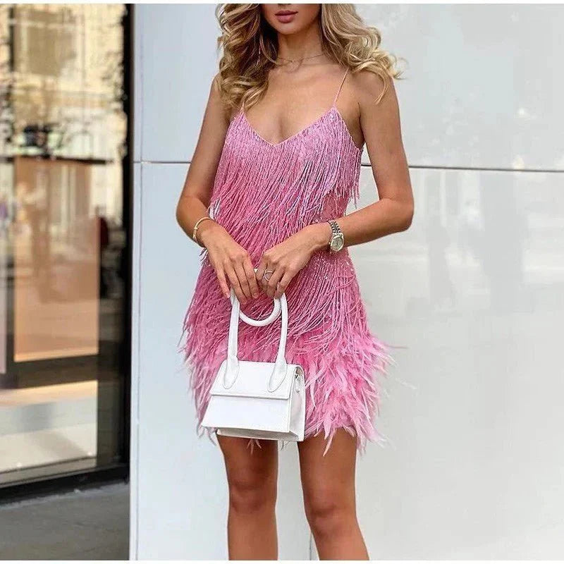 Sequin Cocktail Dress Feather Trim Spaghetti Strap Party