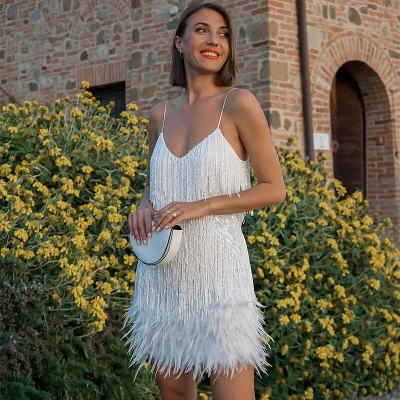 Sequin Cocktail Dress Feather Trim Spaghetti Strap Party