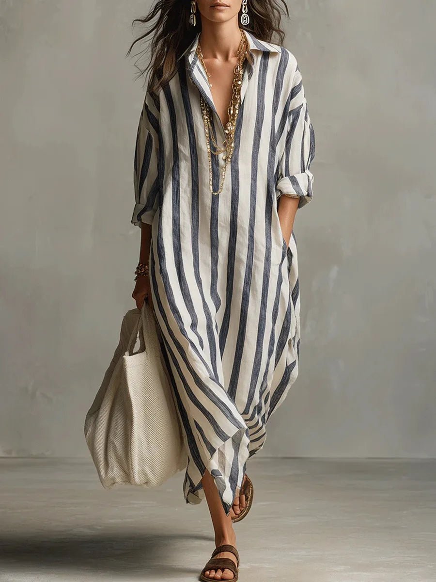 Striped Linen Maxi Shirt Dress Oversized Pockets