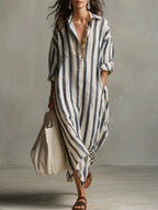 Striped Linen Maxi Shirt Dress Oversized Pockets