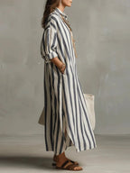 Striped Linen Maxi Shirt Dress Oversized Pockets