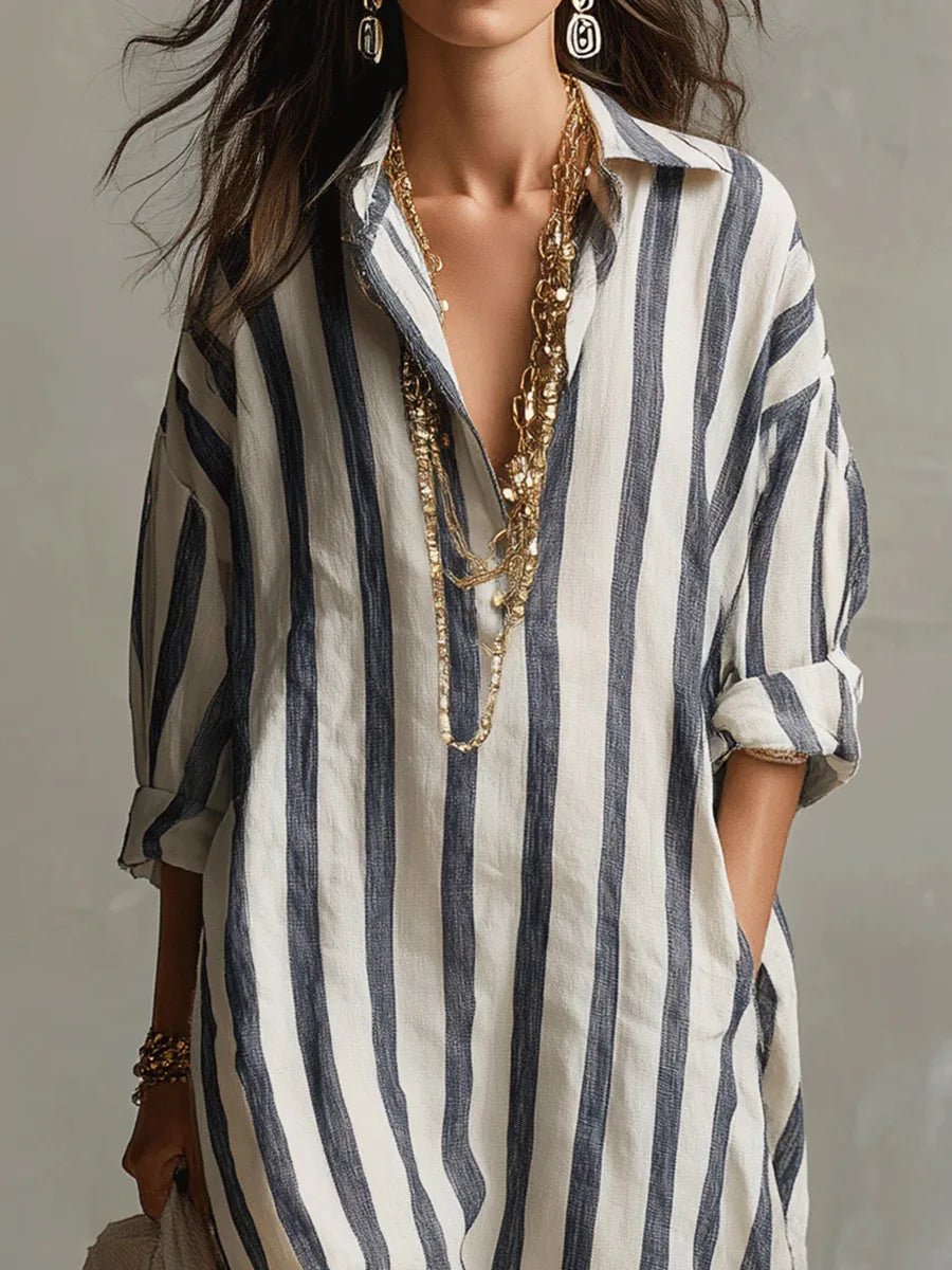 Striped Linen Maxi Shirt Dress Oversized Pockets