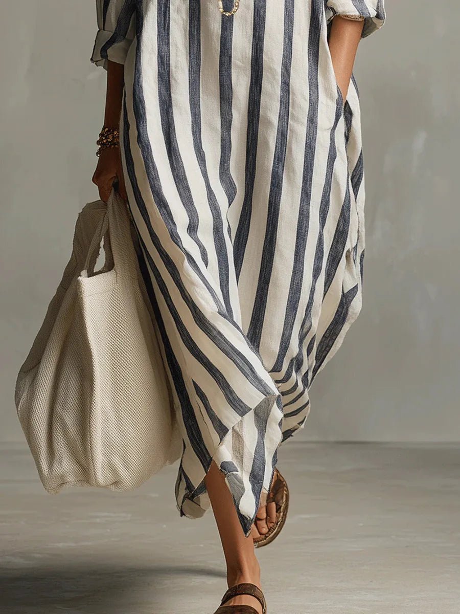 Striped Linen Maxi Shirt Dress Oversized Pockets