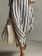 Striped Linen Maxi Shirt Dress Oversized Pockets