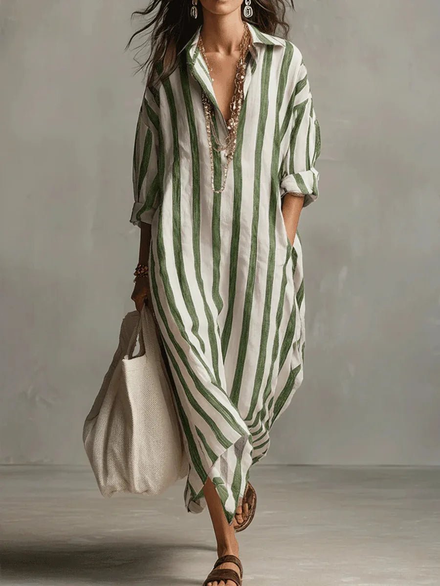 Striped Linen Maxi Shirt Dress Oversized Pockets