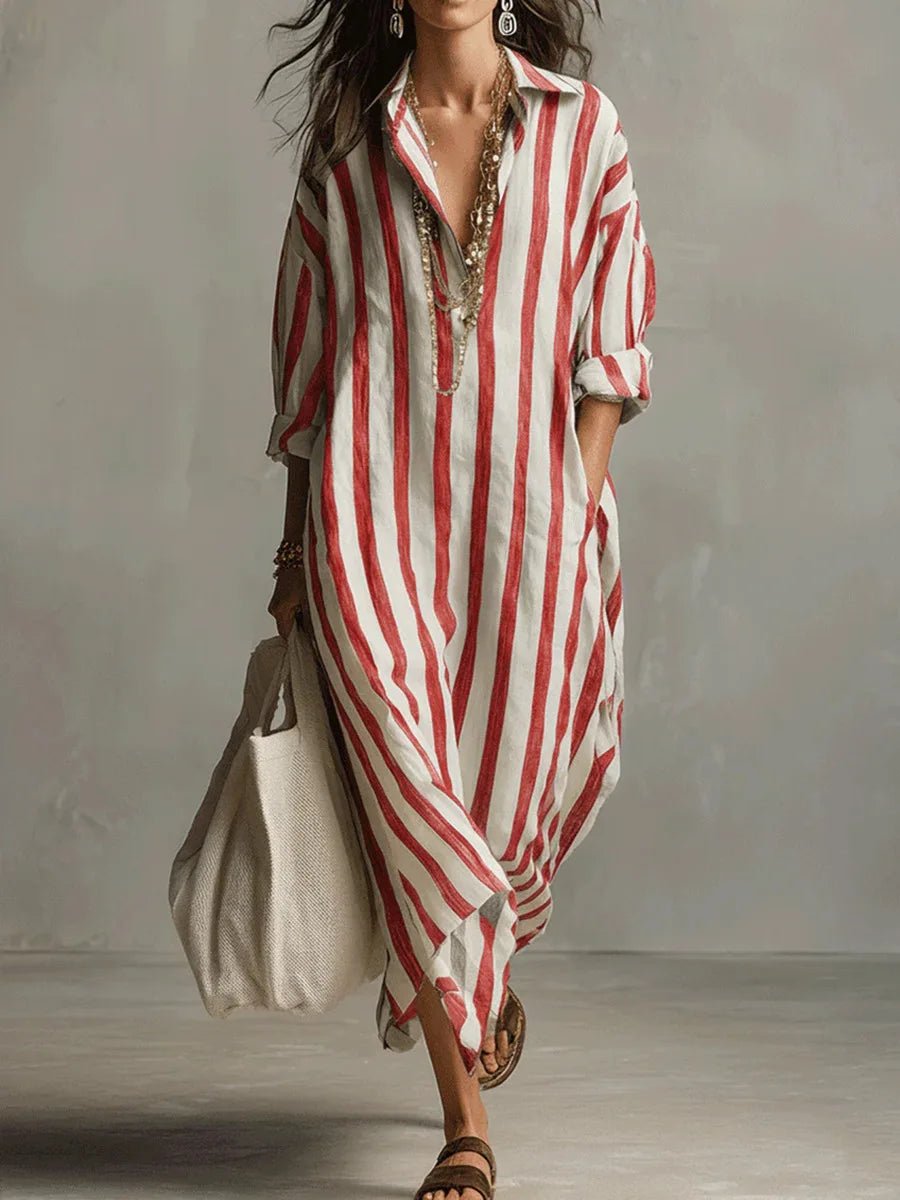 Striped Linen Maxi Shirt Dress Oversized Pockets