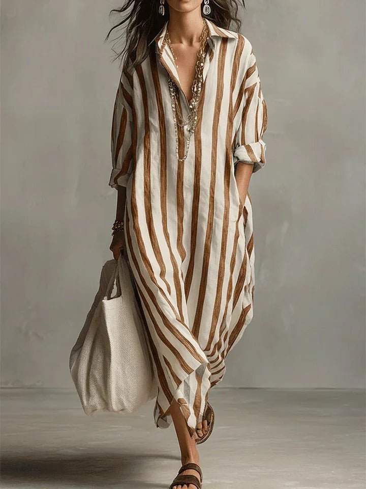 Striped Linen Maxi Shirt Dress Oversized Pockets